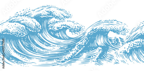 Hand drawn Sea waves. Ocean surf wave horizontal seamless pattern vector illustration, sketch