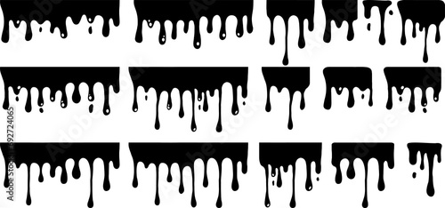 Paint dripping. Black dripping ink. Dripping liquid. Current paint, stains. Flowing liquid on transparent background photo