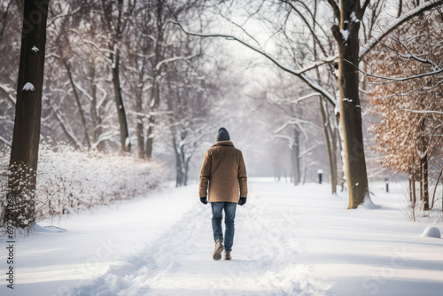 Young man in warm clothes walking alone through snow covered forest park. Enjoying fresh air in sunny winter day. Active lifestyle