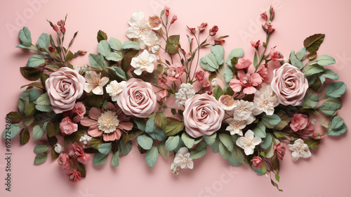 A captivating display featuring a frame crafted from the timeless beauty of rose flowers and verdant leaves against a subtle pink background, exuding natural charm.