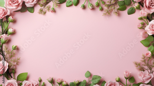 A delicate frame crafted from vibrant rose flowers and lush green leaves on a soft pink background, creating a beautiful and romantic composition.