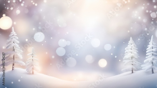 Christmas winter background with snowy fir trees and  blurred snowfall bokeh. New Year, wintertime holidays art design, holiday banner.AI generated.