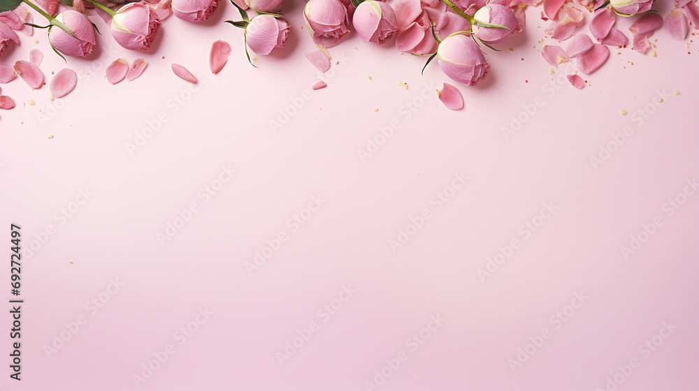 Artistic top view photograph featuring a delightful composition of budding pink peony rose buds and scattered sprinkles on an isolated pastel pink surface, o blank space.