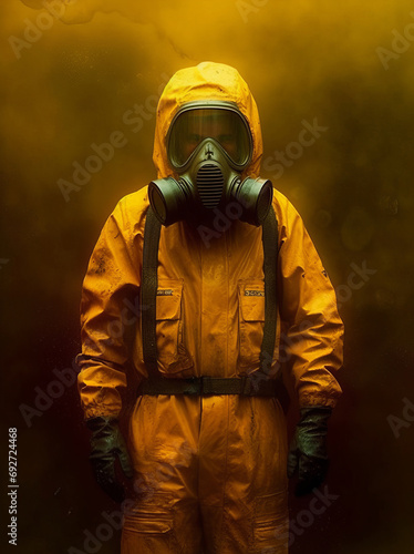 A man in a gas mask, in a yellow protective suit against a background of smoke
