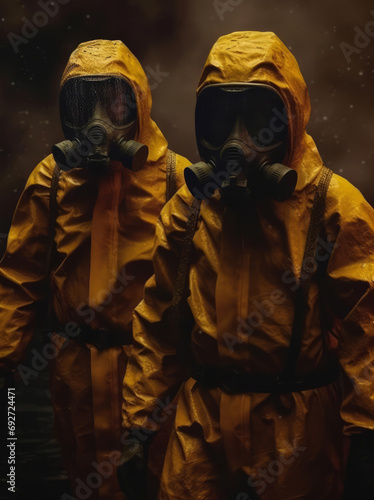 Two men in gas masks, in yellow protective suits against a background of smoke