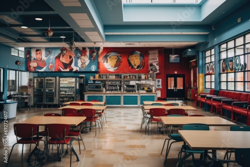 Interior of a empty high school cafeteria photo