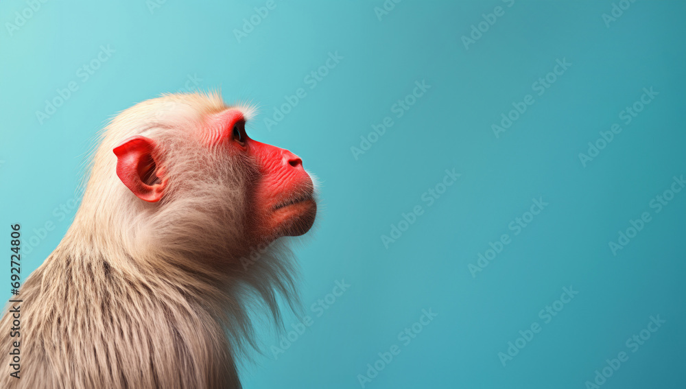 Naklejka premium Red-faced monkey on a blue background with space for your text