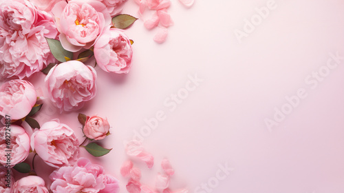 Captivating top view image showcasing the beauty of pink peony roses and delicate sprinkles arranged on a soft pastel pink surface,  blank space.