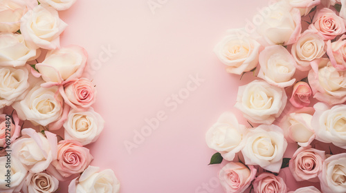 Captivating top view of delicate pink and white roses on a soft pink backdrop,