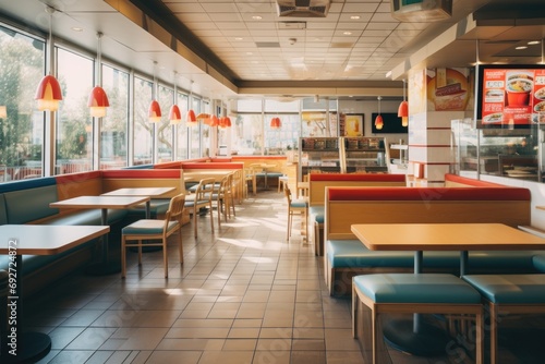 Interior of empty fast food restaurant photo