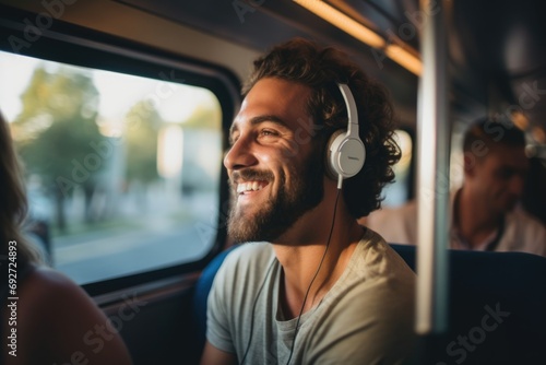 Smiling young man with headphones sitting in bus