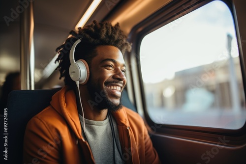 Smiling young man with headphones sitting in bus photo