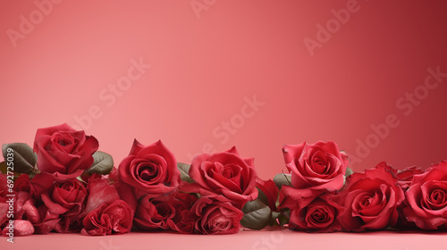 Charming display of red roses on a pale red surface  creating an enchanting and romantic image with copyspace 