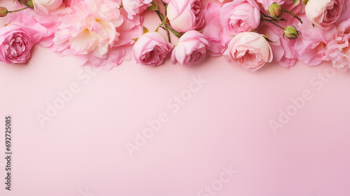 Charming top view photo showcasing the beauty of pink peony roses and whimsical sprinkles on an isolated pastel pink surface, creating an  inviting blank space.