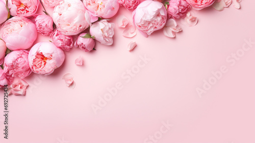 Delightful top view photograph highlighting the elegance of pink peony roses and whimsical sprinkles on an isolated pastel pink background