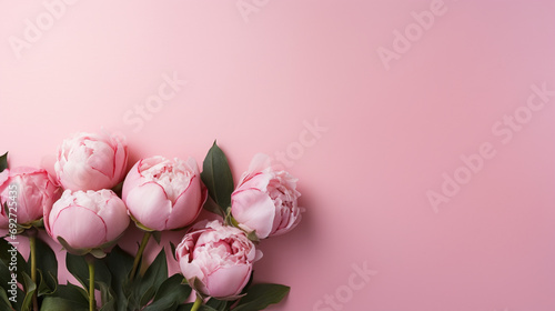 Delightful top view photograph highlighting the elegance of budding pink peony rose buds and whimsical sprinkles on an isolated pastel pink background, 
