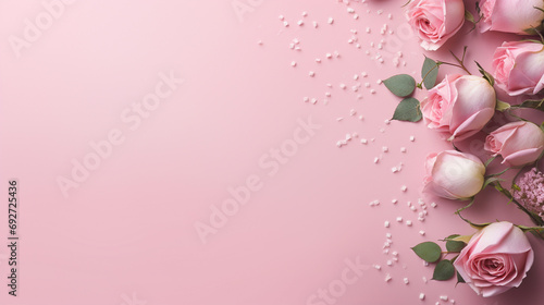 Delightful top view photograph highlighting the elegance of budding pink peony rose buds and whimsical sprinkles on an isolated pastel pink background, 