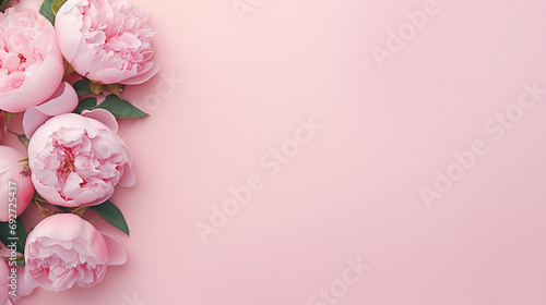 Delightful top view photograph highlighting the elegance of budding pink peony rose buds and whimsical sprinkles on an isolated pastel pink background, 