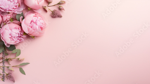 Delightful top view photograph highlighting the elegance of pink peony roses and whimsical sprinkles on an isolated pastel pink background,