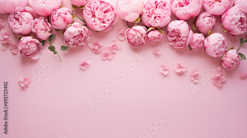 Delightful top view photograph highlighting the elegance of pink peony roses and whimsical sprinkles on an isolated pastel pink background,