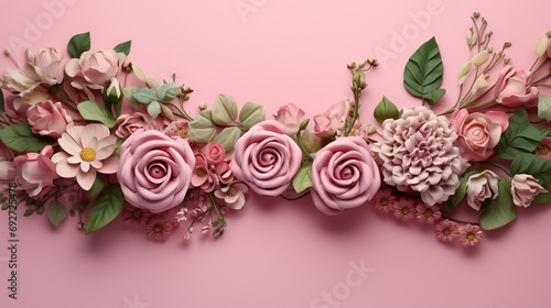 Detailed shot capturing the intricate details of a frame made of rose flowers and fresh green leaves, set against a charming pink background for a graceful display.