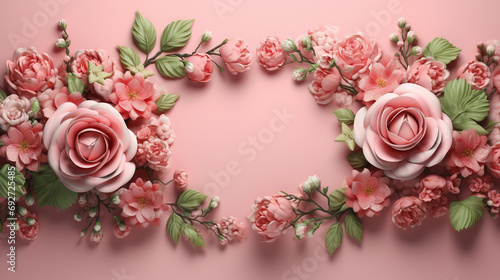 Detailed shot capturing the intricate details of a frame made of rose flowers and fresh green leaves, set against a charming pink background for a graceful display.