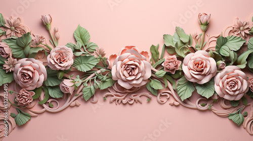 Detailed shot capturing the intricate details of a frame made of rose flowers and fresh green leaves, set against a charming pink background for a graceful display.