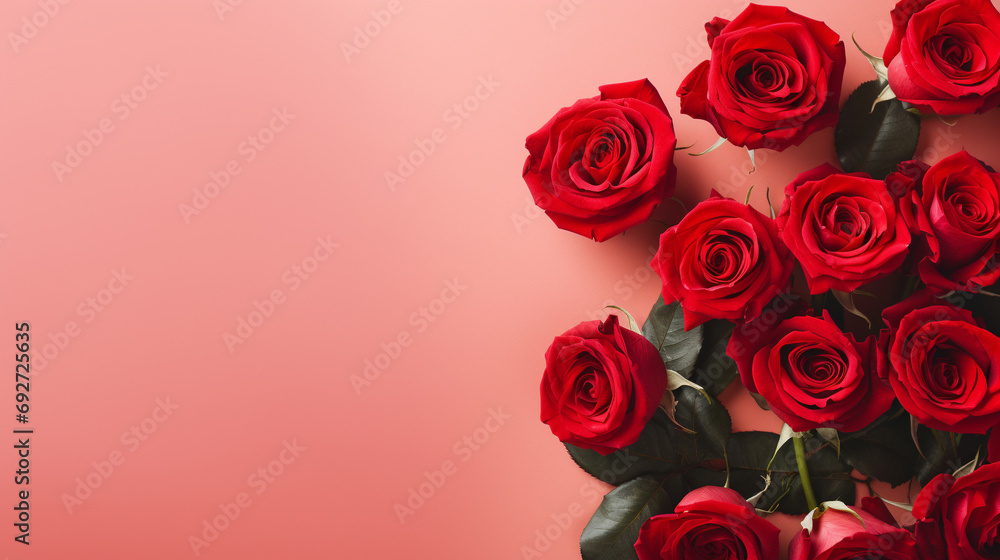 Elegant top view of red roses meticulously arranged on a pale red background, offering a captivating and timeless image with copyspace, showcasing the vibrant beauty of these floral wonders. Elegant top view of red roses meticulously arranged on a pale red background, offering a captivating and timeless image with copyspace, showcasing the vibrant beauty of these floral wonders.