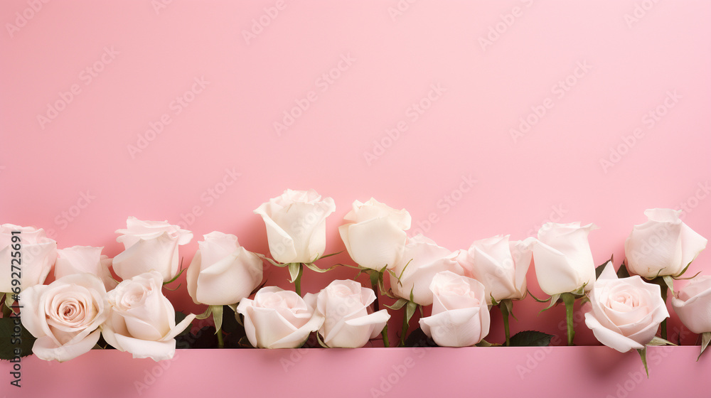 Enchanting display of pink and white roses on a pink background, offering a captivating and timeless image with copyspace, Enchanting display of pink and white roses on a pink background, offering a captivating and timeless image with copyspace,