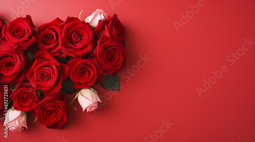 Elegant top view of red roses meticulously arranged on a pale red background  offering a captivating and timeless image with copyspace  showcasing the vibrant beauty of these floral wonders.