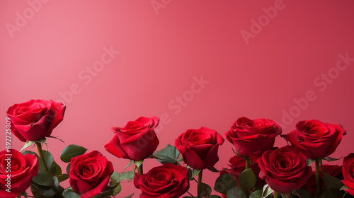 Enchanting display of red roses on a pale red background  offering a captivating and timeless image with copyspace  