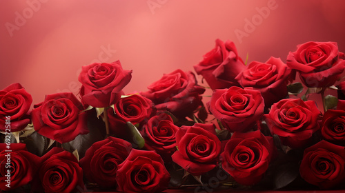 Enchanting display of red roses on a pale red background  offering a captivating and timeless image with copyspace  .