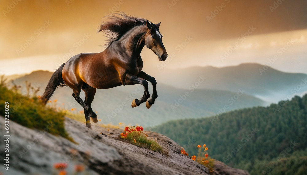 Czarny koń skaczący nad urwiskiem, magiczna godzina, piękne kolory dnia - obrazy, fototapety, plakaty 