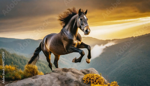 Czarny koń skaczący nad urwiskiem, magiczna godzina, piękne kolory dnia #692726009
