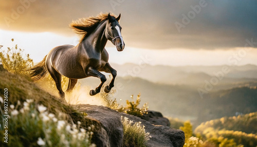 Czarny koń skaczący nad urwiskiem, magiczna godzina, piękne kolory dnia #692726020