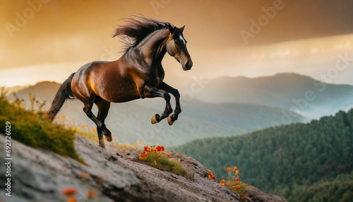 Czarny koń skaczący nad urwiskiem, magiczna godzina, piękne kolory dnia photo