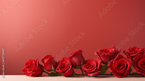 Graceful composition of red roses set against a soft pale red background,