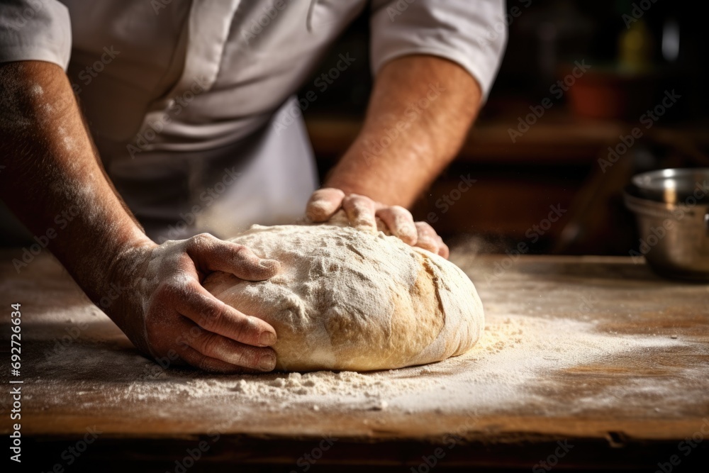 The hands of a male baker shaping bread from dough, a banner with space for your text