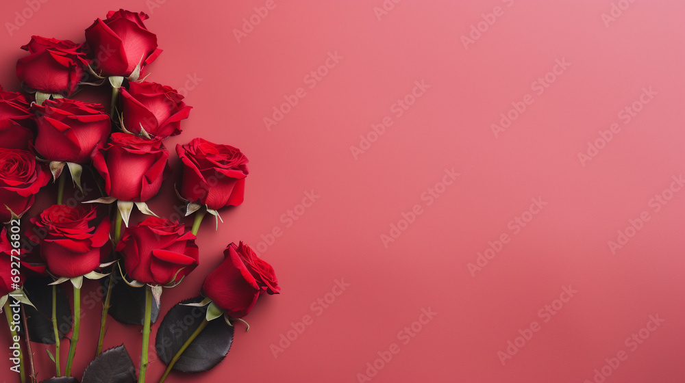 Serene top view of red roses carefully arranged on a pastel red backdrop, providing a delightful and visually appealing image with copyspace Serene top view of red roses carefully arranged on a pastel red backdrop, providing a delightful and visually appealing image with copyspace