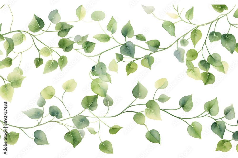 Delicate green leaves on vines isolated on white background
