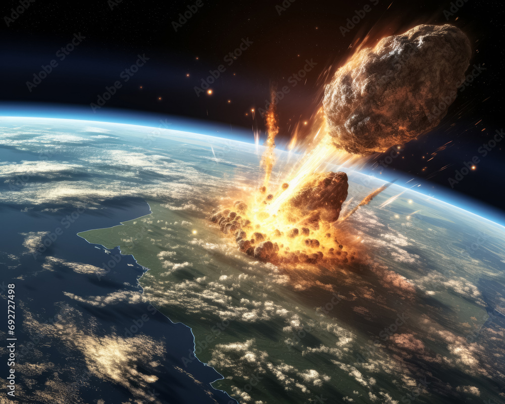 An asteroid crashes into the earth, seen from space