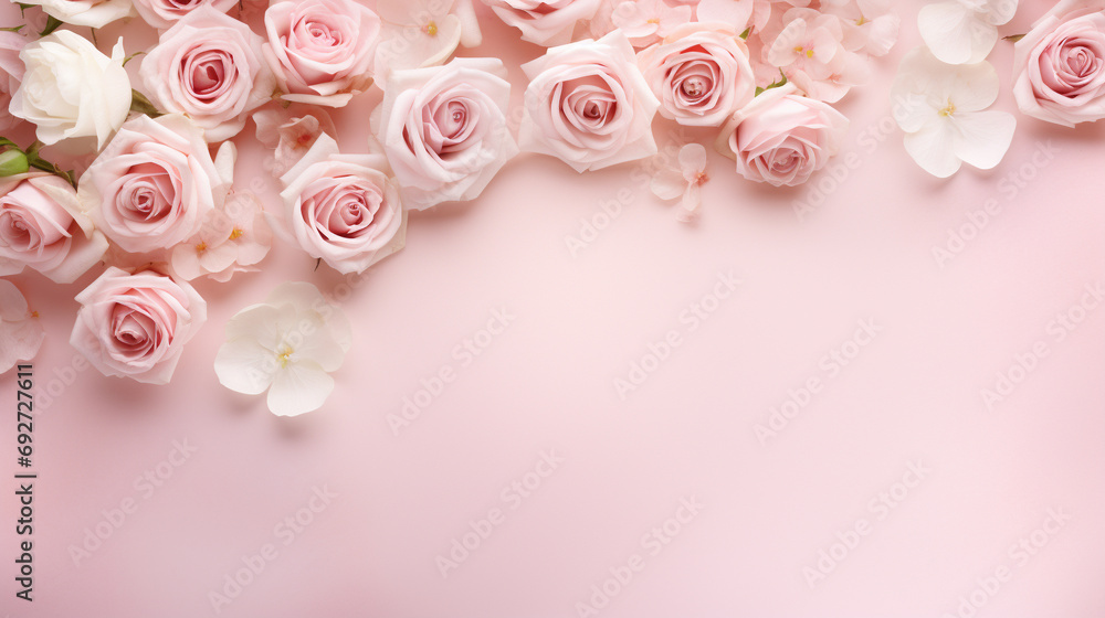 Whimsical top view of pink and white roses on a pastel pink background, providing a dreamy and enchanting image with copyspace, capturing the essence of nature's beauty in high definition.