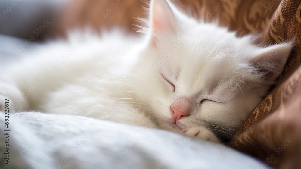 White kitten sleeping peacefully on a fluffy surface