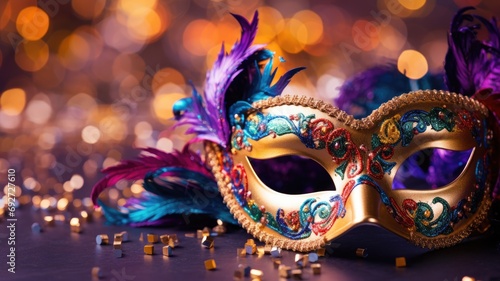 A vibrant and colorful Venetian mask with feathers and a bokeh background