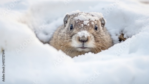 A curious prairie dog, groundhog with snow on its head peering out of a snow hole photo