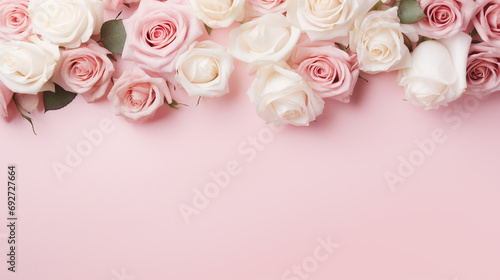 Whimsical top view of pink and white roses on a pastel pink background  providing a dreamy and enchanting image with copyspace  capturing the essence of nature s beauty in high definition.