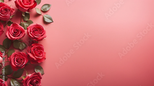 Whimsical top view of red roses on a pastel red background, providing a dreamy and enchanting image with copyspace, capturing the essence of nature's beauty in high definition.