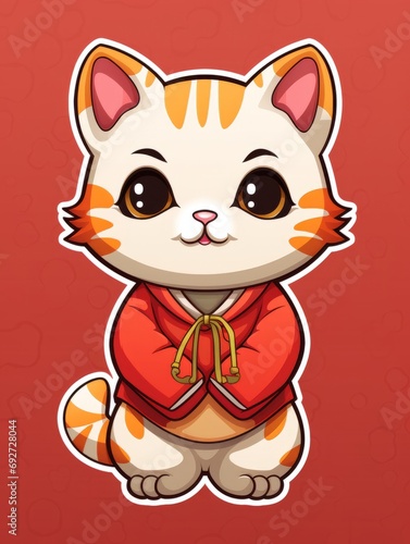Cartoon sticker sweet kitten dressed in a red Chinese kimono, AI © Vitalii But