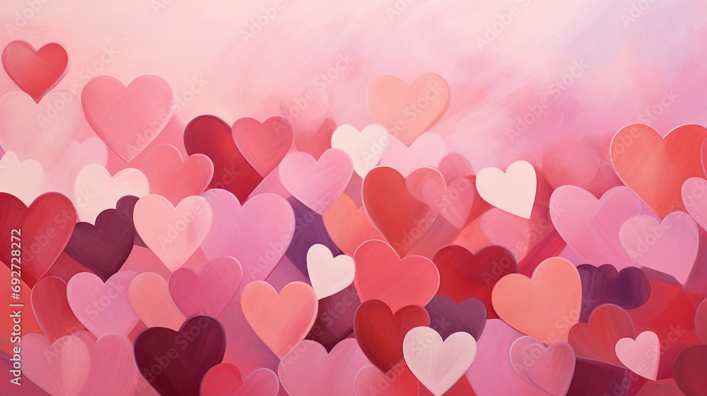 Abstract background featuring a collection of red and pink hearts on a soft pink canvas, creating a visually striking and romantic composition.