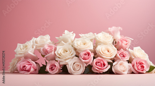 Aesthetic arrangement of pink and white roses against a soft pink surface  creating a visually stunning and romantic image with copy space  